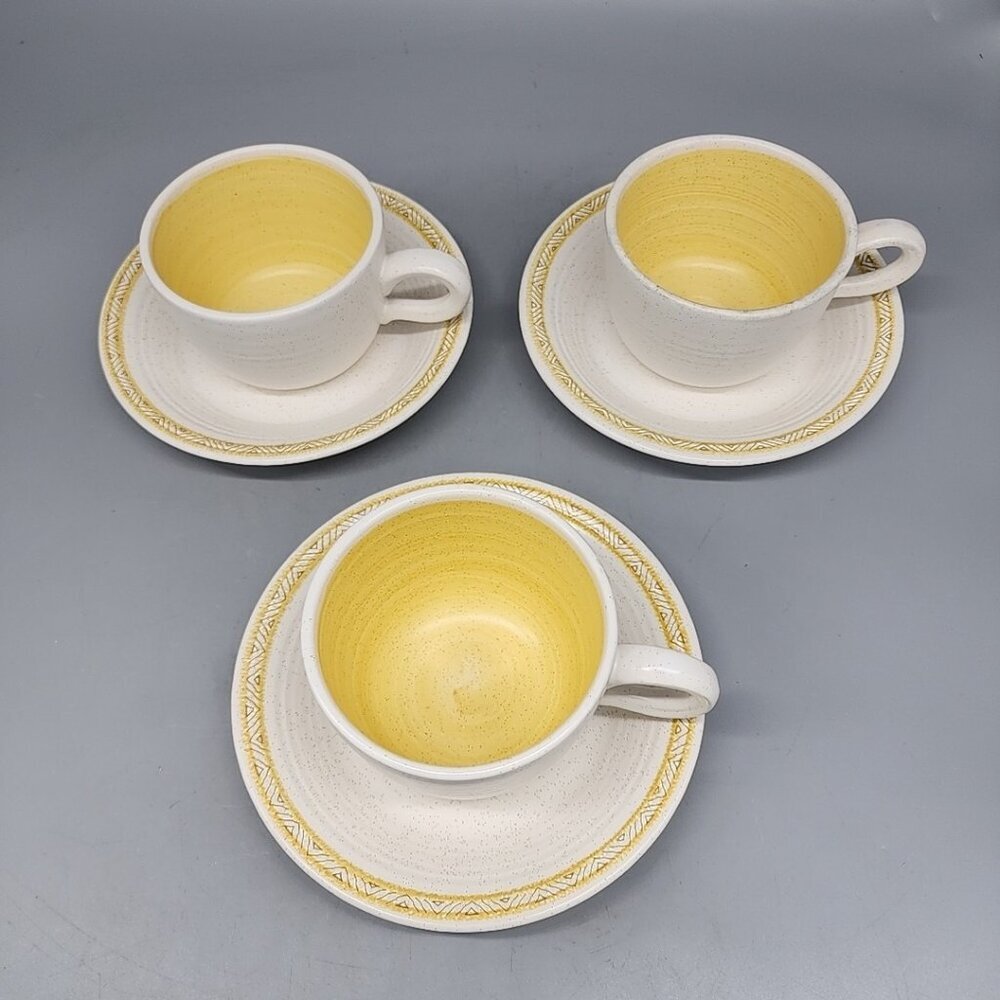 Franciscan Earthenware Hacienda Gold MCM Set of 3 Vtg Coffee Cups Saucers Boho